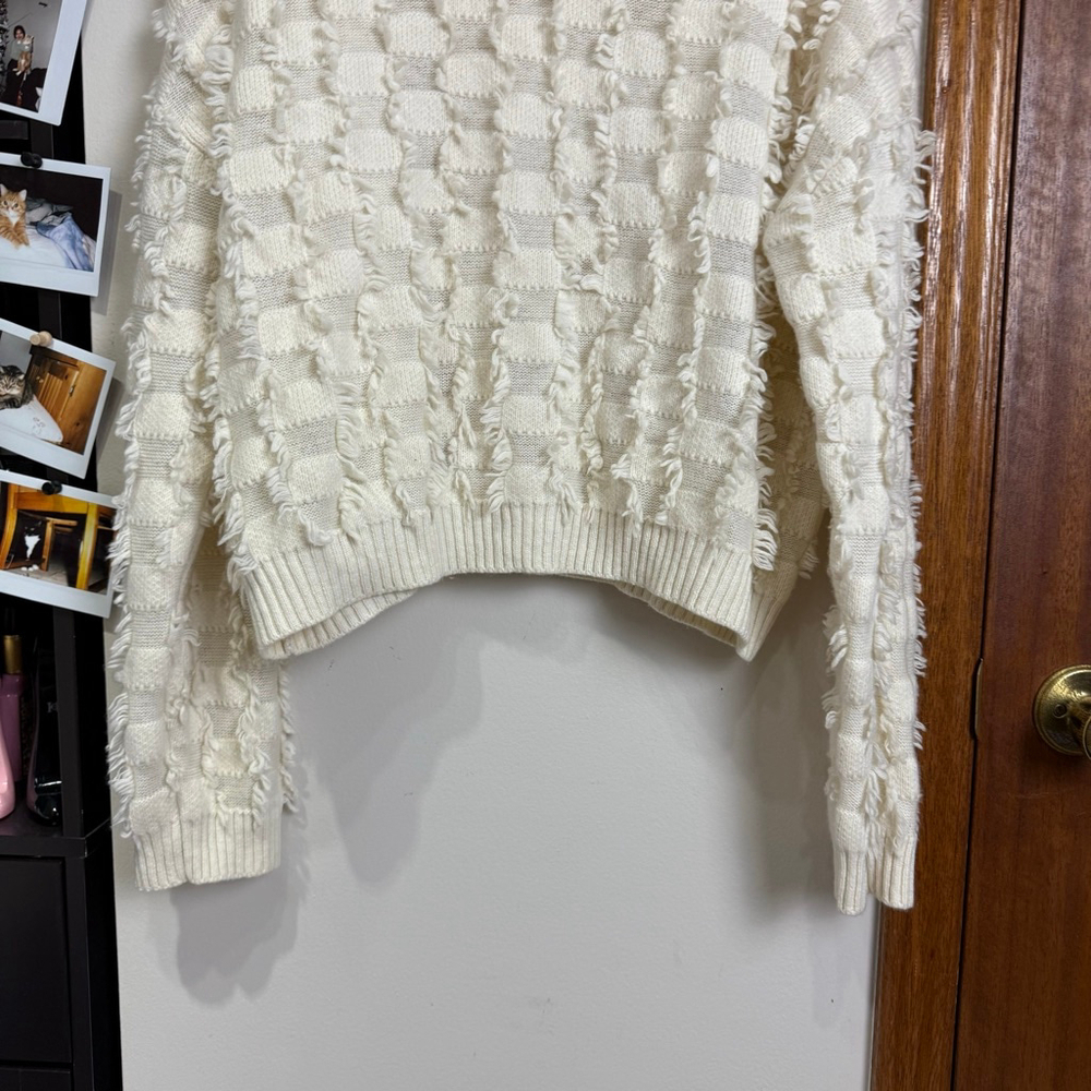 Beige Sweater Women Size Medium Oversized Wool Pullover Longsleeves Fringe Boho - Picture 14 of 16